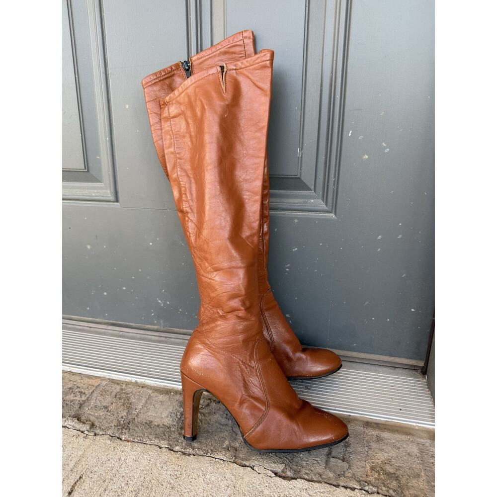 Vintage Brown Leather Knee High Heeled Boots US Women's 6M